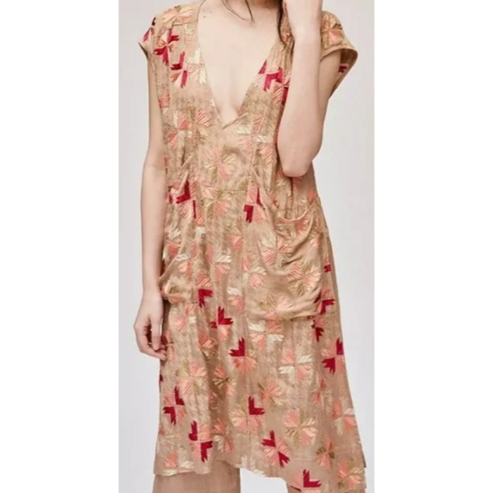 Free People Metallic Gold Embroidered Long Tunic Top Dress Vest